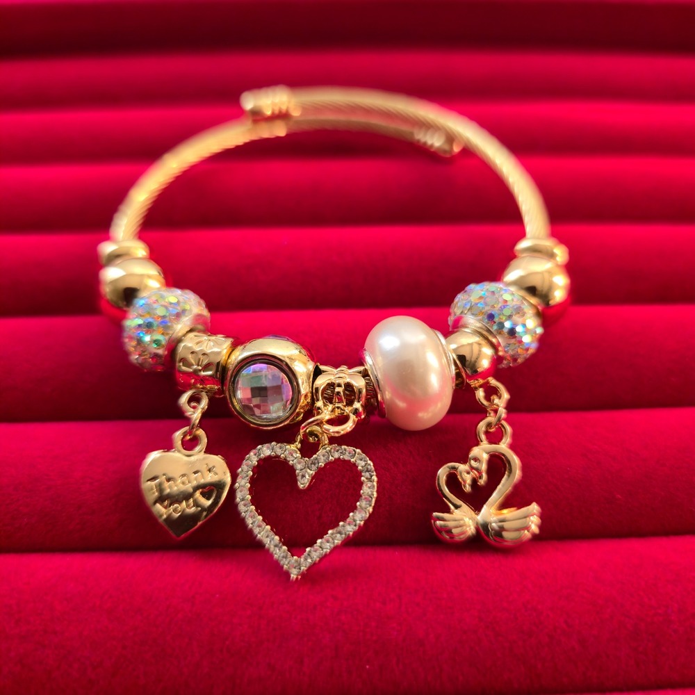 14K Gold Plated Heart Swan Charm Bracelet Stainless Steel Rhinestone Adjustable